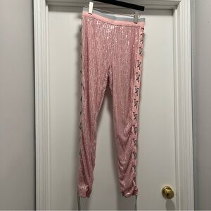Goodtime USA Large Pink Sequins Lace Up Side Pants Pink/Gray Trim Pull On NEW